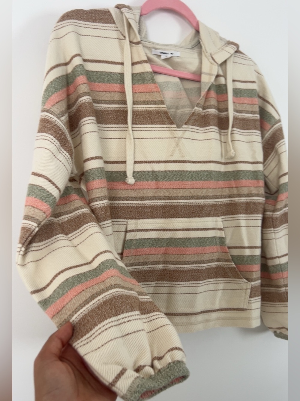 NEW O’Neill Striped Hooded Pullover Sweater in Cream, Brown & Pink